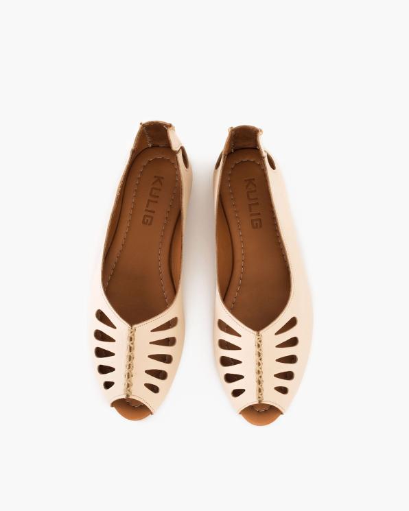 Jasnobeżowe baleriny damskie skórzane na niskim obcasie peep toe 145-700-BONE