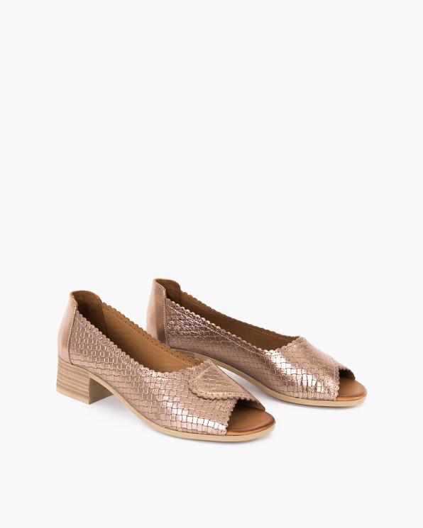 Złote czółenka damskie skórzane na klocku peep toe 145-3167-ZŁOTY