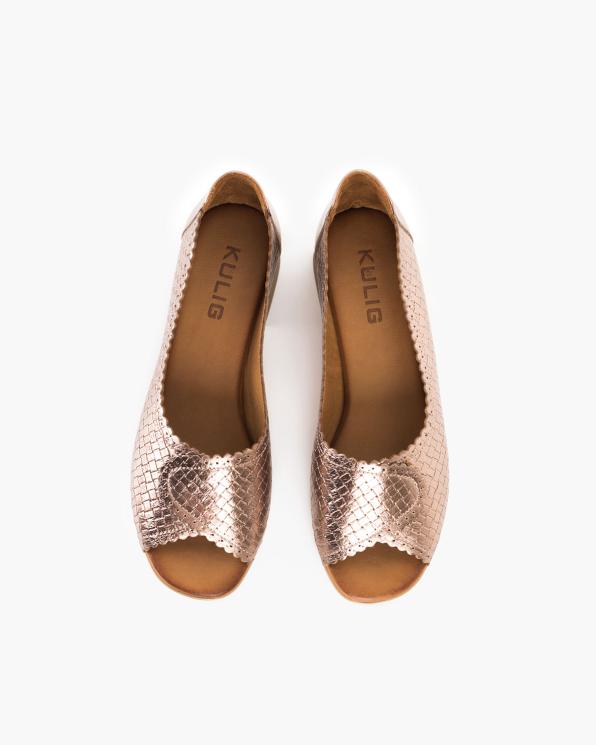 Złote czółenka damskie skórzane na klocku peep toe 145-3167-ZŁOTY