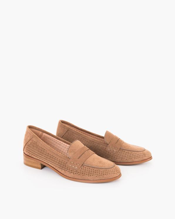 Beżowe mokasyny damskie ażurowe z eko-zamszu 139-58521-KHAKI