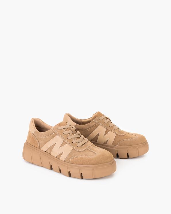 Beżowe adidasy damskie sznurowane ze skóry zamszowej 105-16597-BEŻ