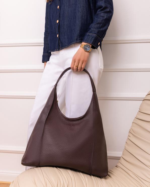 Bordowa duża torebka typu hobo z naturalnej skóry licowej 154-6076-BORDO
