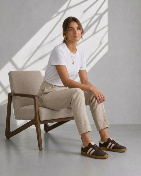 Brązowe adidasy damskie ze skóry licowej z beżowymi paskami 165-00552-BR-BEŻ
