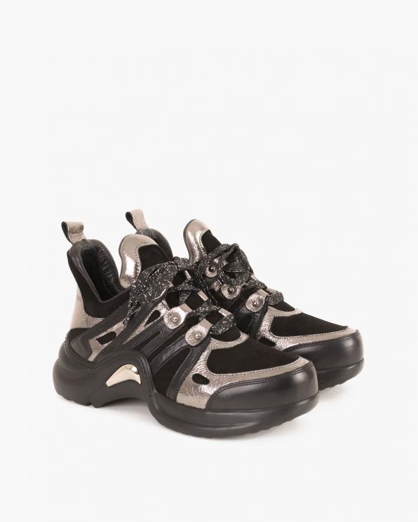 Srebrno-czarne sneakersy skórzane 084 0647 CZARNY