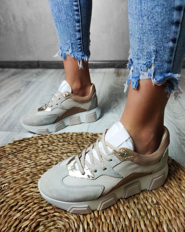 Beżowe sneakersy nubukowe z siatką 098-5078-BEZ