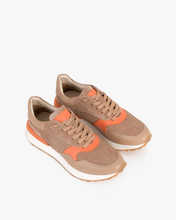 Beżowo-pomarańczowe sneakersy nubukowe z siatką 098-408-