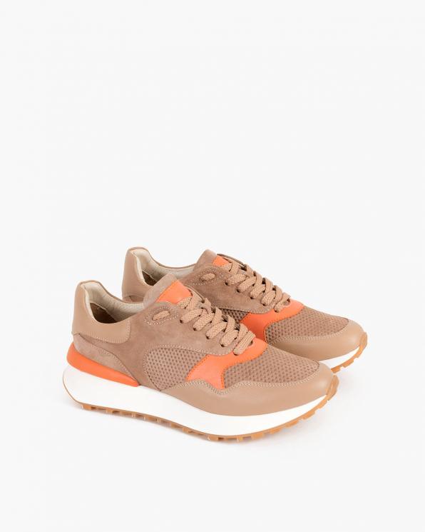 Beżowo-pomarańczowe sneakersy nubukowe z siatką 098-408-