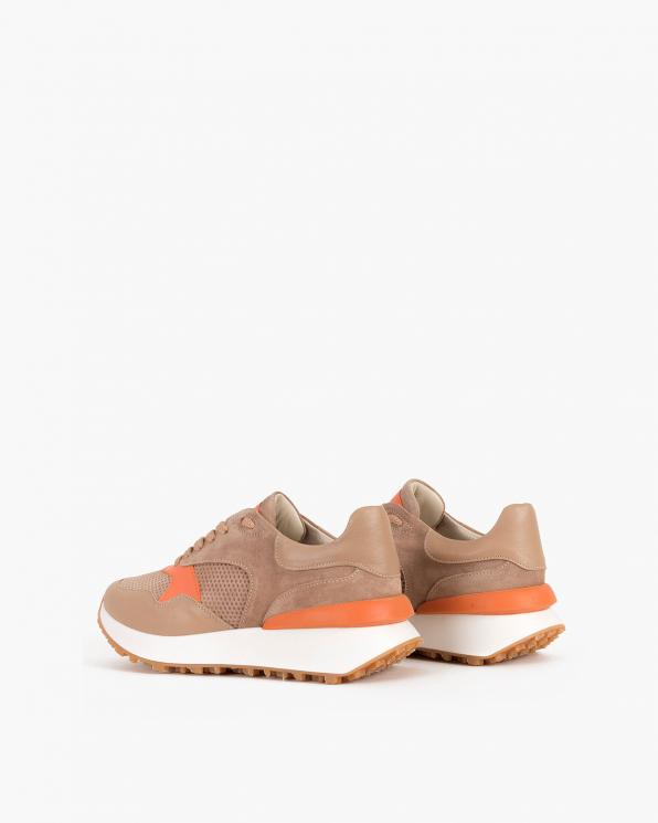 Beżowo-pomarańczowe sneakersy nubukowe z siatką 098-408-