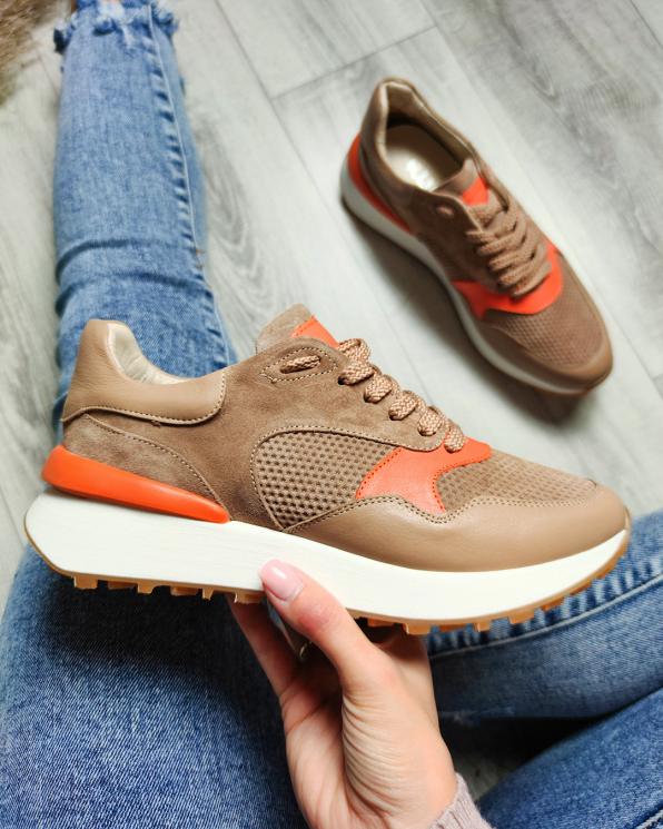Beżowo-pomarańczowe sneakersy nubukowe z siatką 098-408-