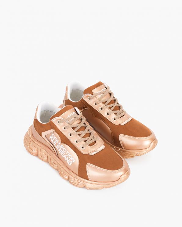 Beżowo-brązowe sneakersy skórzane z napisami 083-P-8-BEŻ