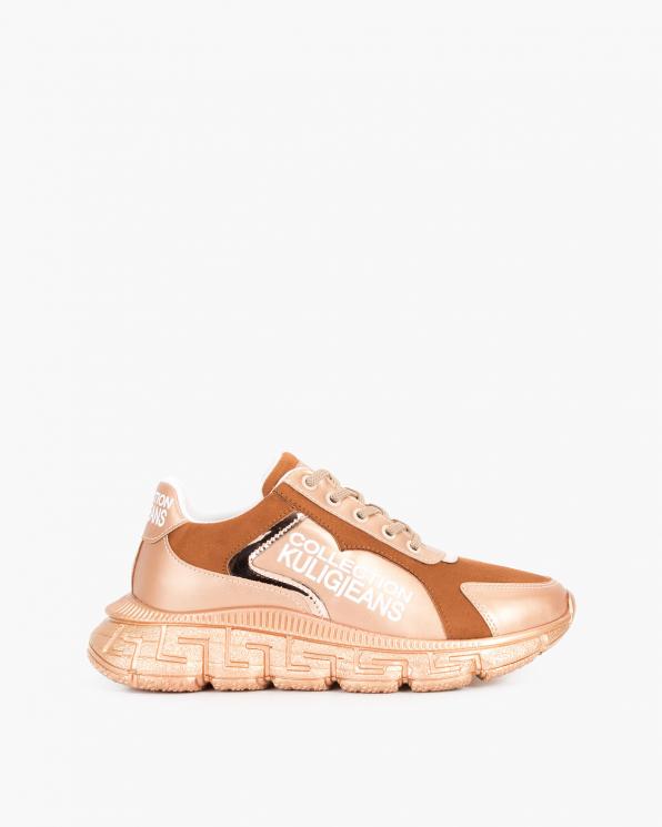 Beżowo-brązowe sneakersy skórzane z napisami 083-P-8-BEŻ