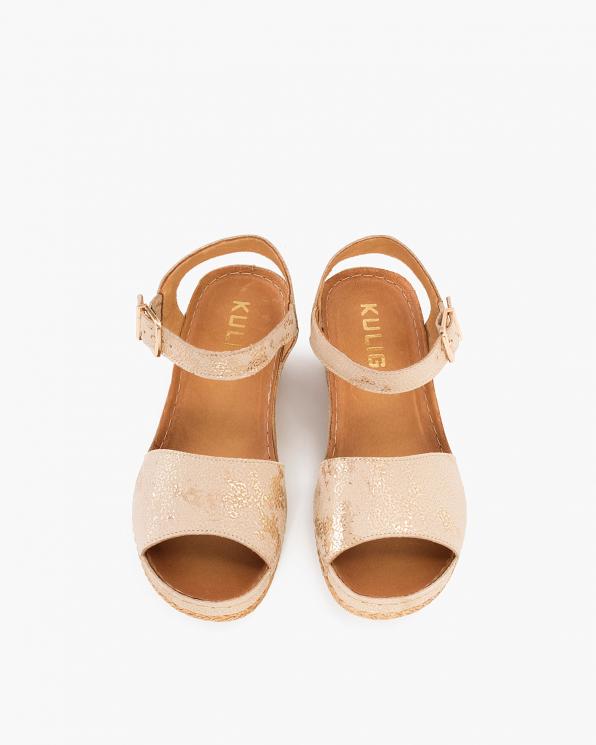 Beżowo-złote sandały damskie nubukowe na koturnie 043-285-BEŻOWY