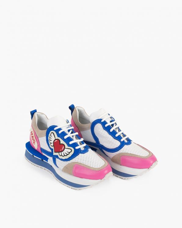Wielokolorowe sneakersy skórzane z naszywkami 108-6102-SZAFIR