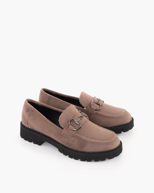 Ciemnobeżowe mokasyny damskie z eko-zamszu z klamrą 139-84012-KHAKI