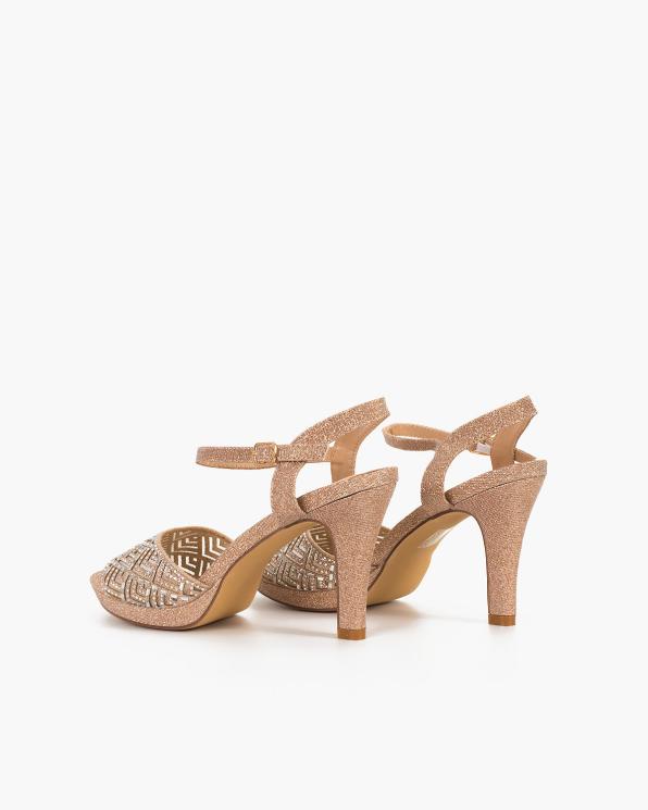 Pudrowe sandały damskie materiałowe z cyrkoniami na szpilce 131-8301-44-SZAM