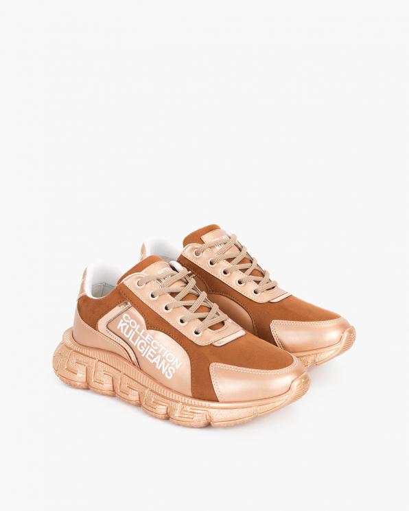 Beżowo-brązowe sneakersy skórzane z napisami 083-P-8-BEŻ