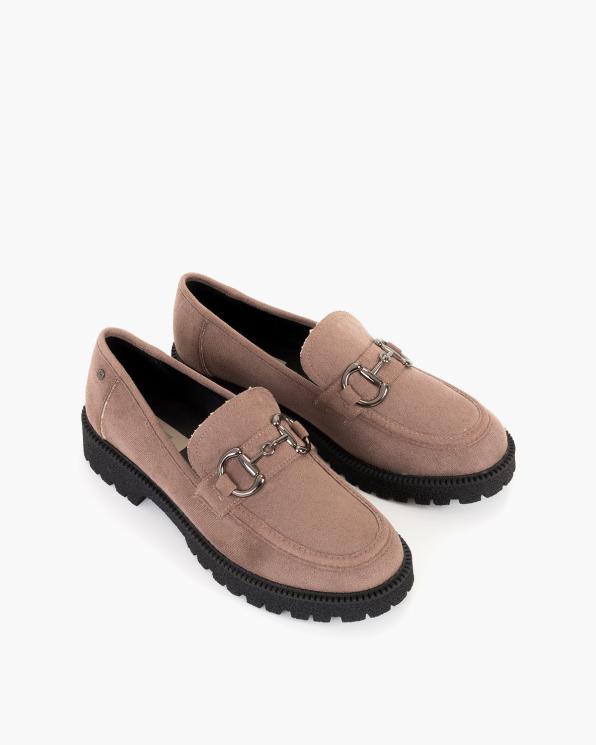 Ciemnobeżowe mokasyny damskie z eko-zamszu z klamrą 139-84012-KHAKI