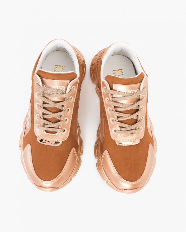 Beżowo-brązowe sneakersy skórzane z napisami 083-P-8-BEŻ