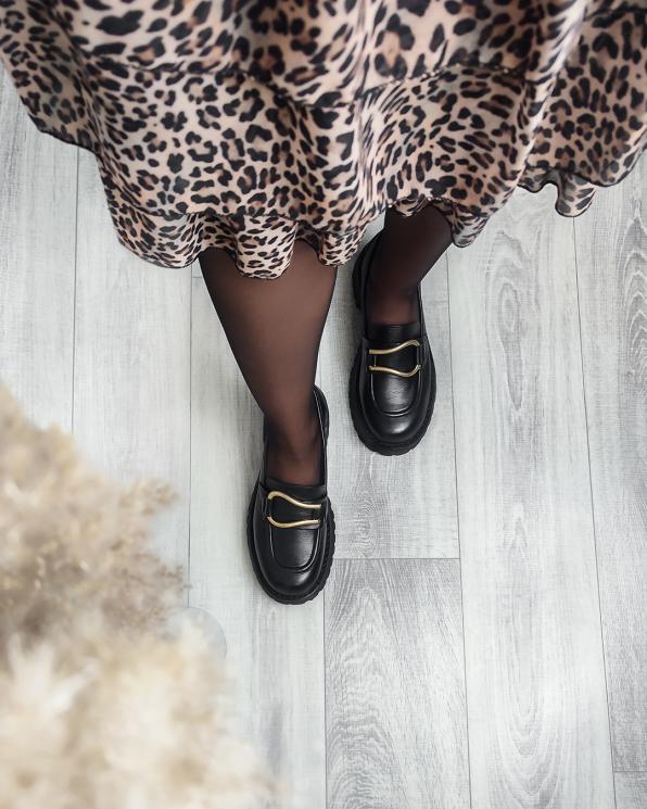 Czarne mokasyny damskie skórzane z klamrą 009-4818-CZARNY