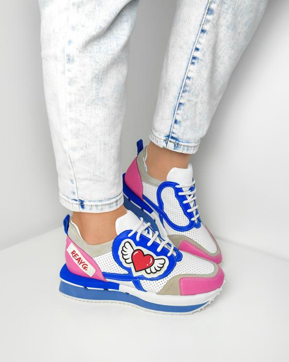Wielokolorowe sneakersy skórzane z naszywkami 108-6102-SZAFIR