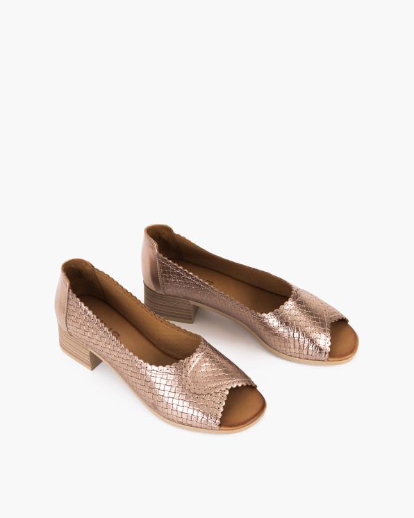 Złote czółenka damskie skórzane na klocku peep toe 145-3167-ZŁOTY