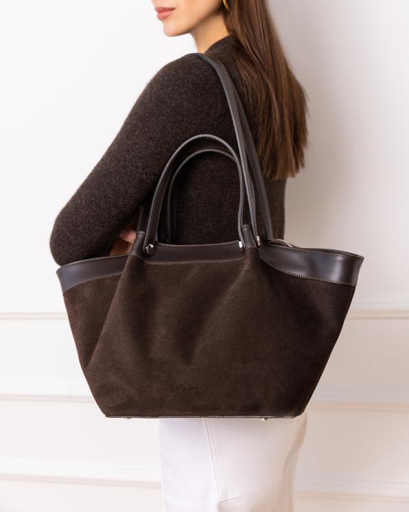 Czekoladowa duża torebka shopper ze skóry zamszowej 154-6766-CZEKOLADA