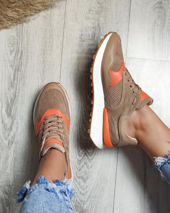 Beżowo-pomarańczowe sneakersy nubukowe z siatką 098-408-