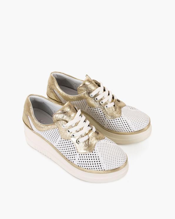 Biało-złote sneakersy damskie ze skóry licowej 108-15515-BIAŁY