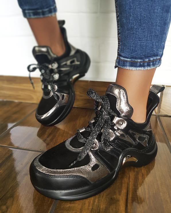 Srebrno-czarne sneakersy skórzane 084 0647 CZARNY