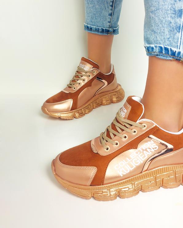 Beżowo-brązowe sneakersy skórzane z napisami 083-P-8-BEŻ