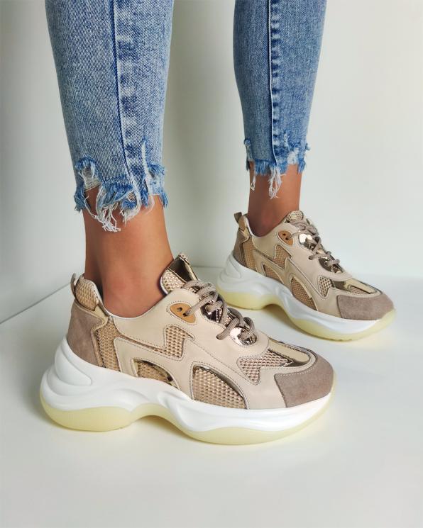 Beżowo-złote sneakersy skórzane 116-106-003-BEŻ