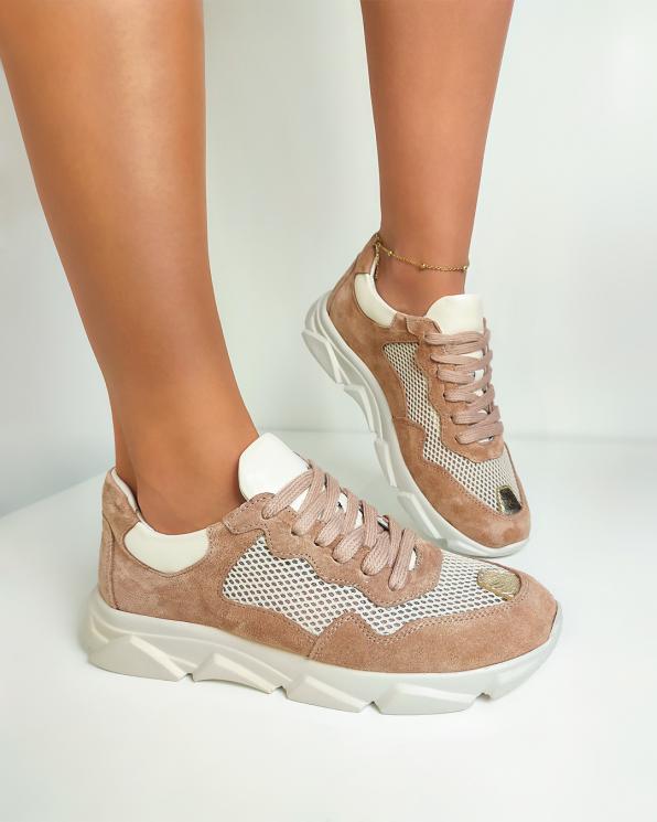 Brązowo-beżowe sneakersy zamszowe z siatką 098-2075-241
