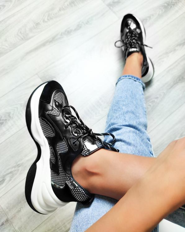 Czarno-srebrne sneakersy skórzane 116-106-003-CZAR