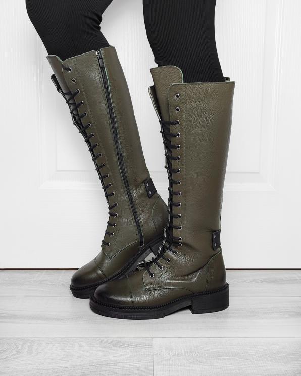 Oliwkowe kozaki damskie skórzane 135-550142-KHAKI