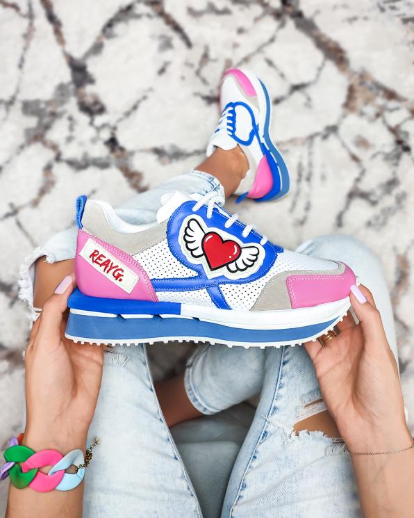 Wielokolorowe sneakersy skórzane z naszywkami 108-6102-SZAFIR