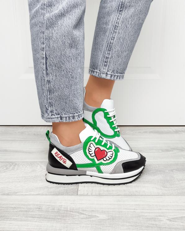 Wielokolorowe sneakersy skórzane z naszywkami 108-6102-ZIELONY